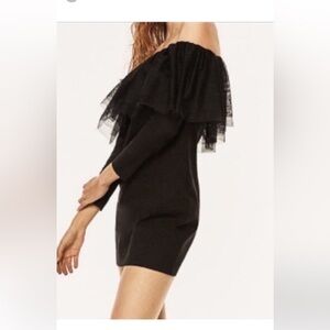 Zara black A Line off the shoulder layered Tulle mini Micro Dress sz M